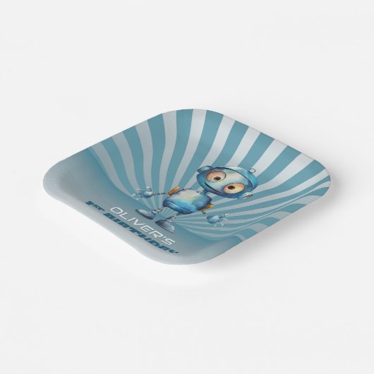 Schattige Robot Thema 1e Verjaardagsfeest Papieren Bordje (Gebogen)