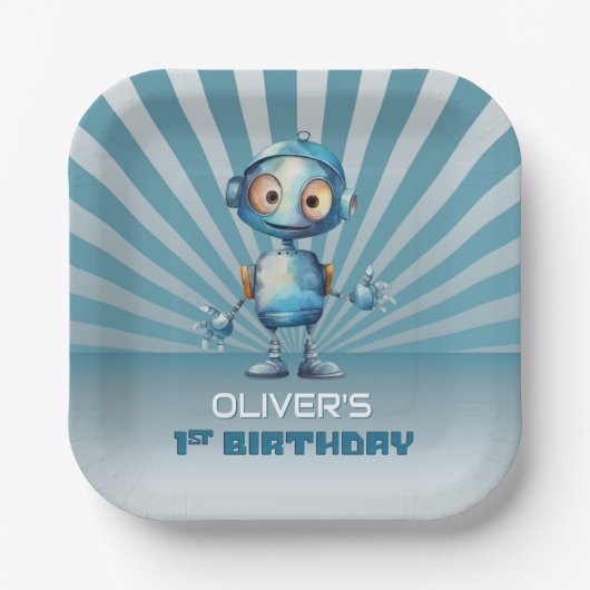 Schattige Robot Thema 1e Verjaardagsfeest Papieren Bordje (Voorkant)