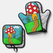 schattige rode paddenstoel ovenwant & pannenlap set (Voorkant / Achterkant)