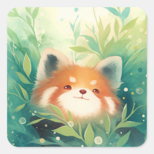 Schattige rode panda die door het groene bos gluur vierkante sticker