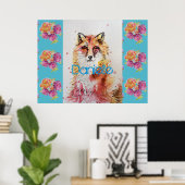 Schattige Rode Vos Dier Turquoise Roos Rozen Poster (Thuiskantoor)