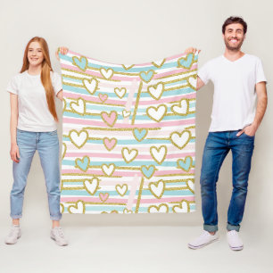Schattige Romantische Harten en Pastel Strepen Gou Fleece Deken
