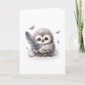 Schattige Ronde Uil Met Een Veer Blank Kaart