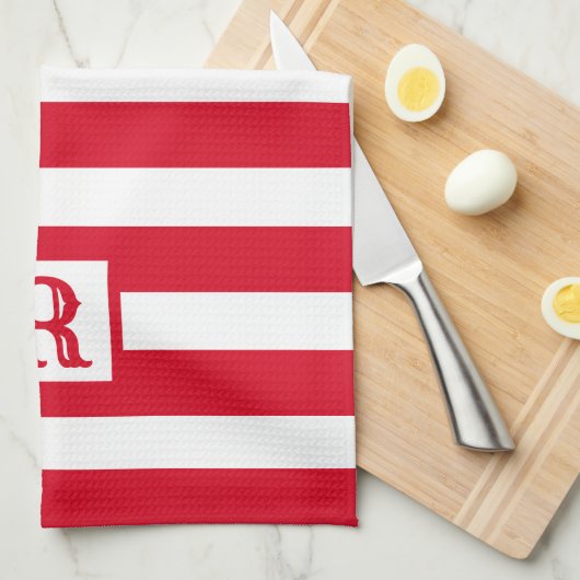 Schattige Rood en Wit Gestreept Ontwerp Enig Initi Theedoek (Quarter Fold)