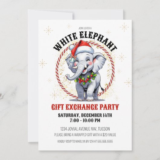 Schattige Rood Goud Vakantie Witte Olifant Gift Ex Kaart (Voorkant)