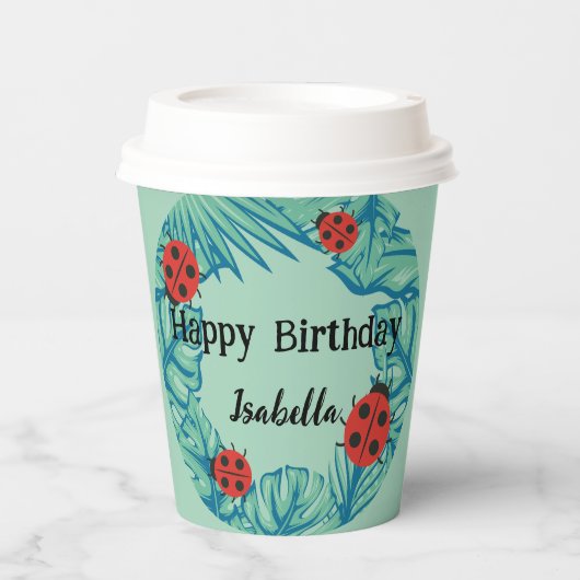 Schattige rood Polka dot Ladybug Oerwoud Leaf Verj Papieren Bekers (Voorkant)