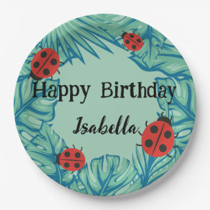 Schattige rood Polka dot Ladybug Oerwoud Leaves Bi Papieren Bordje