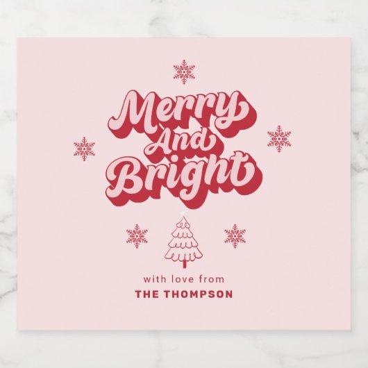 Schattige Rood Roze Vrolijk Heldere Kerst Sparkling Wijnetiket (Enkel label)