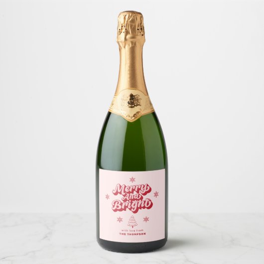 Schattige Rood Roze Vrolijk Heldere Kerst Sparkling Wijnetiket (Voorkant)