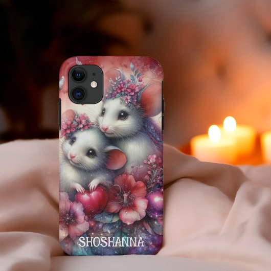 Schattige Rood Roze Waterverf Flowers Mouse Case-Mate iPhone Case