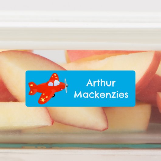 Schattige rood vliegtuig vliegende cartoon geperso labels (Aangebracht)