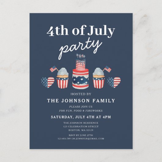 Schattige rood wit en blauw 4th van juli feest uitnodiging briefkaart (Voorkant)