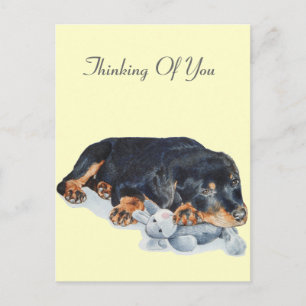 schattige rottweiler puppy dog snuffelend teddybee briefkaart