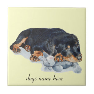 schattige rottweiler puppy dog snuffelend teddybee tegeltje