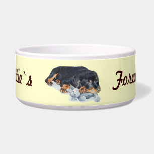 schattige rottweiler puppy dog snuffelend teddybee voerbakje