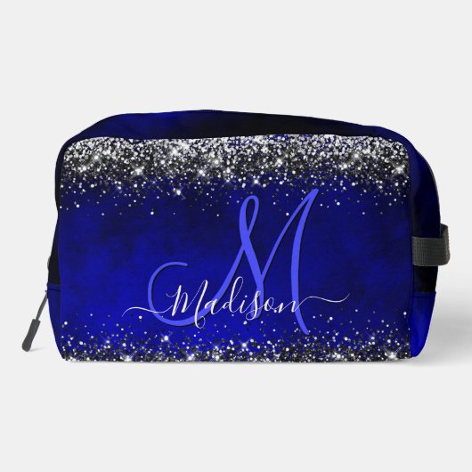 Schattige Royal Blue Silver Faux Glitter Monogram  Toilettasje (Achterkant)