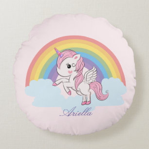 Schattige Roze Baby Eenhoorn en Regenboog Rond Kussen