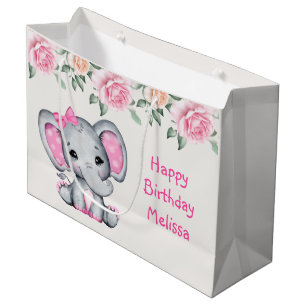Schattige Roze Baby Olifant en Rozen Border Birthd Groot Cadeauzakje