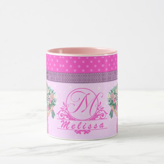Schattige roze bloemontwerp elegant monogram mok (Midden)