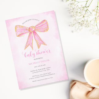 Schattige roze boog gouden glitter baby meisje kaart