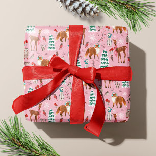 Schattige Roze Bosdieren Kerstvakantie Cadeaupapier