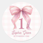 Schattige Roze Bow Coquette 1e Verjaardag Ronde Sticker (Voorkant)