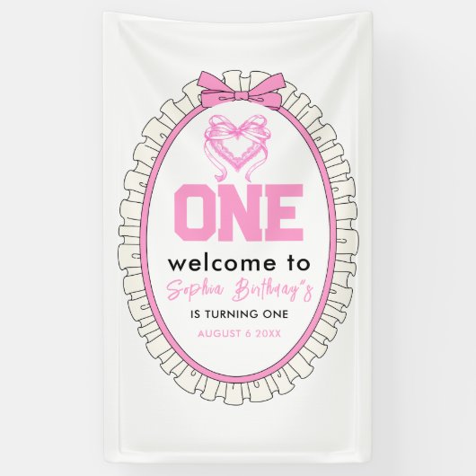 Schattige Roze Bow Coquette 1e Verjaardag Spandoek (Verticaal)