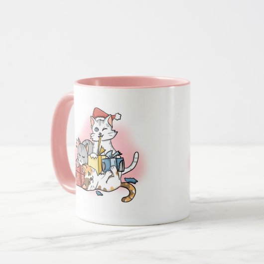 Schattige Roze Cartoon Kitten Kerst Mok (Voorkant links)