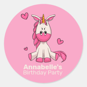 Schattige Roze Eenhoorn Meisje Verjaardagsfeestje Ronde Sticker