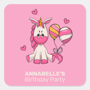 Schattige Roze Eenhoorn Meisje Verjaardagsfeestje Vierkante Sticker