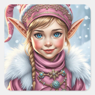 Schattige Roze Elf Feestelijke Kerst Vierkante Sticker