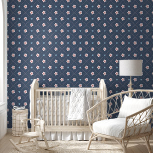 Schattige roze en blauw bloemplakt op blauw-grijs behang