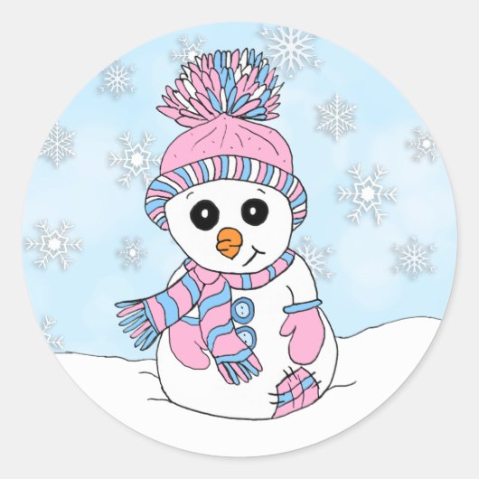 Schattige roze en blauw Sneeuwman en Sneeuwvlok Ke Ronde Sticker (Voorkant)