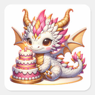 Schattige roze en gouden Dragon Girl's verjaardags Vierkante Sticker
