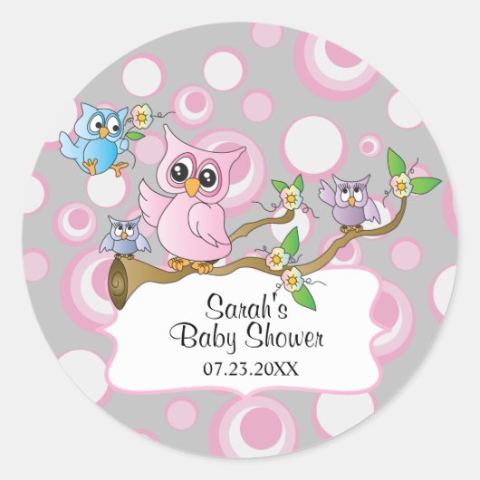 Schattige Roze en Grijze Uil Baby Ronde Sticker (Voorkant)