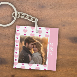 Schattige Roze en Wit Foto Koppel Monogram Sleutelhanger