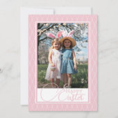 Schattige roze en wit Happy Easter Custom Photo Feestdagenkaart (Voorkant)