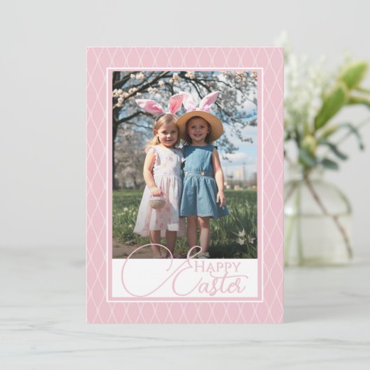 Schattige roze en wit Happy Easter Custom Photo Feestdagenkaart (Staand voorkant)
