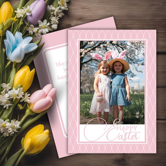 Schattige roze en wit Happy Easter Custom Photo Feestdagenkaart