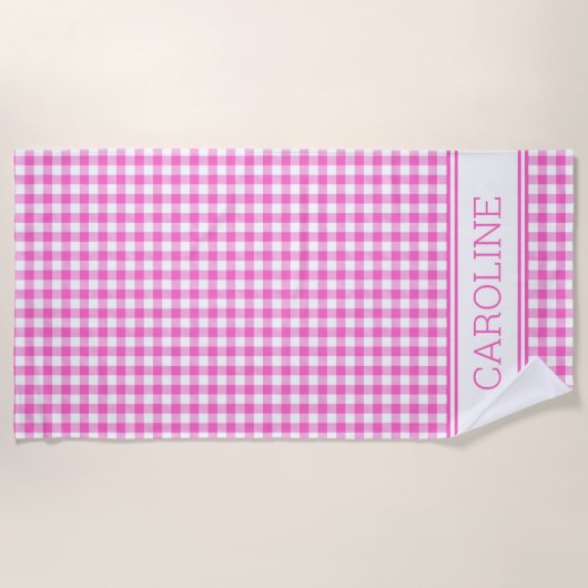Schattige Roze en Witte Gingham Plaid Check Strandlaken (Voorkant)