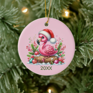 Schattige roze flamingo aan het strand keramisch ornament