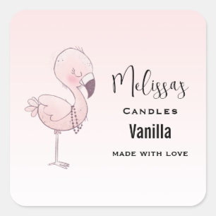 Schattige roze flamingo illustratie kaars bedrijf vierkante sticker