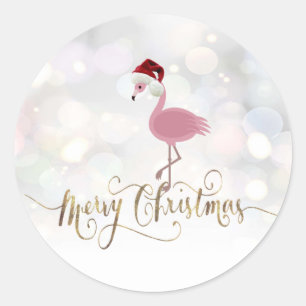 Schattige Roze Flamingo Met Kerstman Hoed Ronde Sticker