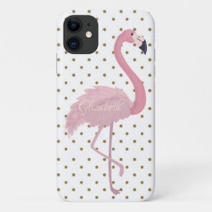 Schattige roze flamingo, Polka Dots-Personalized iPhone 11 Hoesje