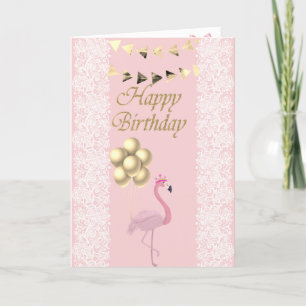 Schattige-roze Flamingo, Tiara, Lace, Balloons Kaart