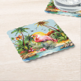 Schattige roze flamingoliefhebbers op het strand kartonnen onderzetters