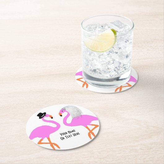 Schattige roze flamingo's bruid & bruidegom bruilo ronde kartonnen onderzetter (Insitu)