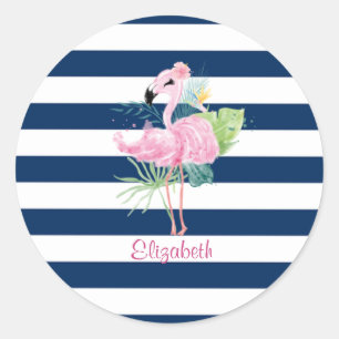 Schattige Roze Flamingo'sTropisch blad,Gestreept Ronde Sticker