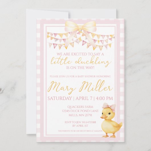 Schattige Roze & Geel Duckling Baby shower Uitnodi Kaart (Voorkant)