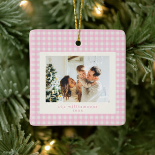 Schattige Roze Gingham Geruite Aangepaste Foto Ker Keramisch Ornament